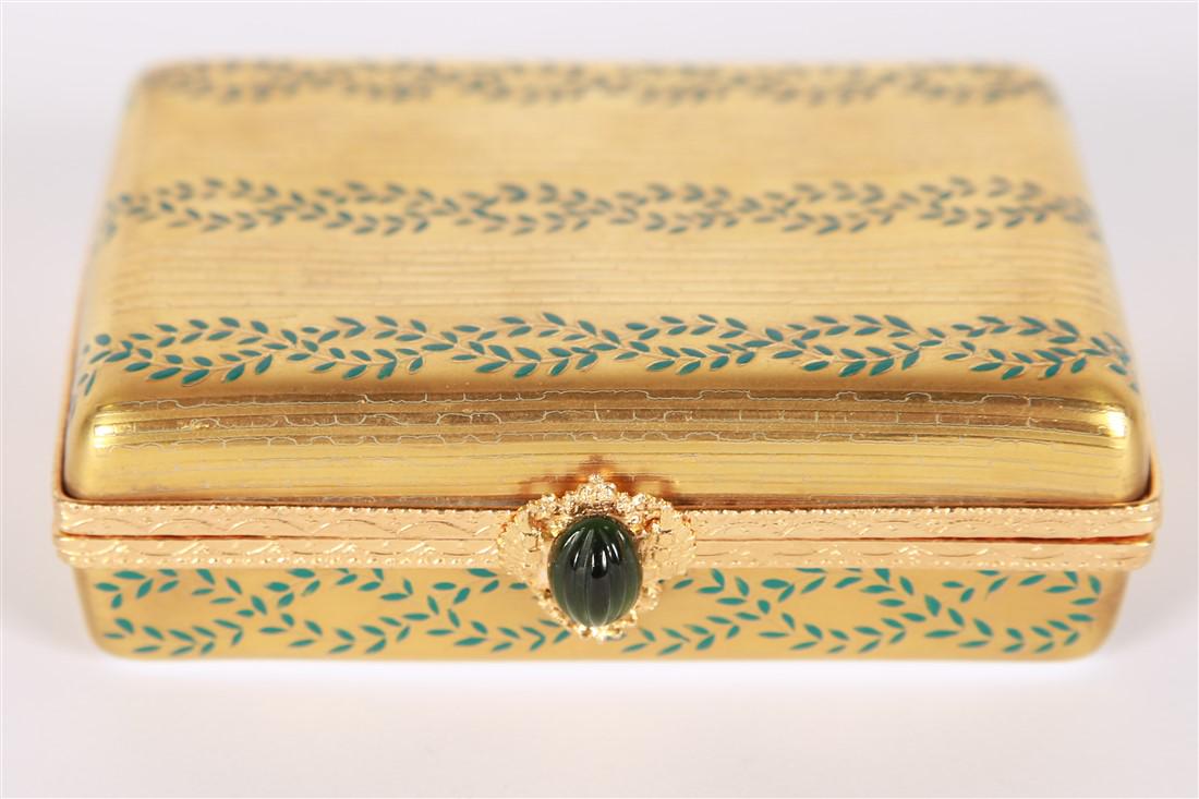 Limoges, Faberge Porcelain Trinket Box: Limoges in collaboration with Faberge. Trinket box. Porcelain. Height: 1 1/4", Length: 4", Depth: 3". Gold painted trinket box. Inscribed to the inside, "To: Mrs. Dolores Owens Best of Health and Happ
