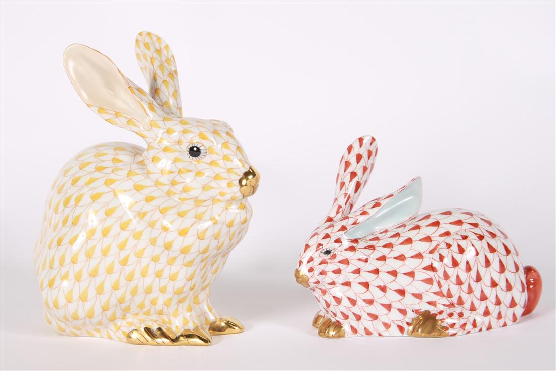 Herend, Two Porcelain Fishnet Rabbit Figurines (1 of 4)
