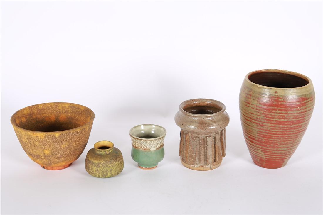 Collection of Five Mid-Century Ceramics: Ceramic. First: Height: 7 1/2", Diameter: 6". Second: Height: 5 1/4", Diameter: 5". Third: Height: 4 1/4", Diameter: 6 7/8". Fourth: Height: 3 1/4", Diameter: 3 1/8". Fifth: Height: 2 1/2", Diameter: