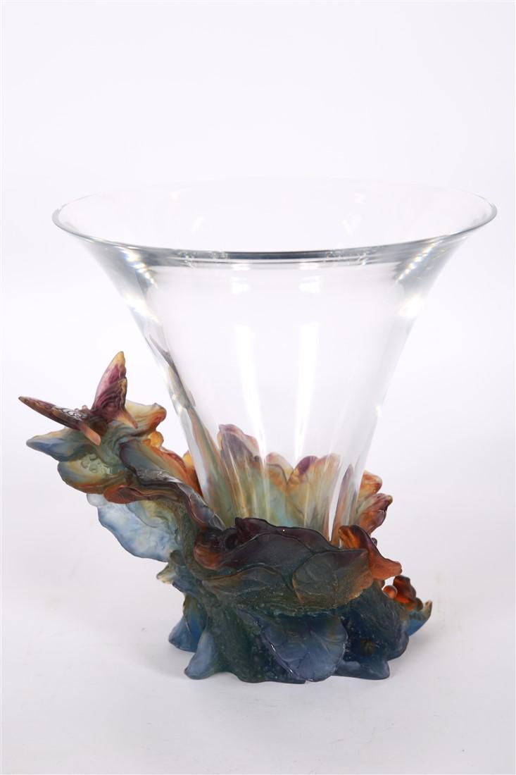 Daum, "Papillon" Pate de Verre and Crystal Vase: Daum. "Papillon". Pate de verre, crystal. Vase: Height: 10 3/4", Diameter: 11". Base: Height: 8", Length: 8 1/2", Depth: 10 1/2". "Papillon" butterfly motif vase by Daum. With crystal and pate de verr