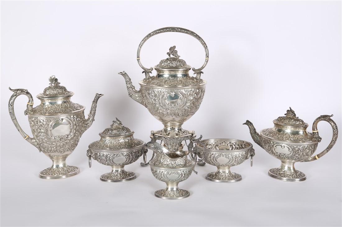 S. Kirk and Son, Coin Silver Tea Set: S. Kirk and Son (American). Coin silver (900). Water kettle: Height: 12 1/2". Coffee pot: Height: 12". Tea pot: Height: 8 1/2". Sugar bowl: Height: 7 1/2". Creamer: Height: 6 3/4". Waste bowl: Height: