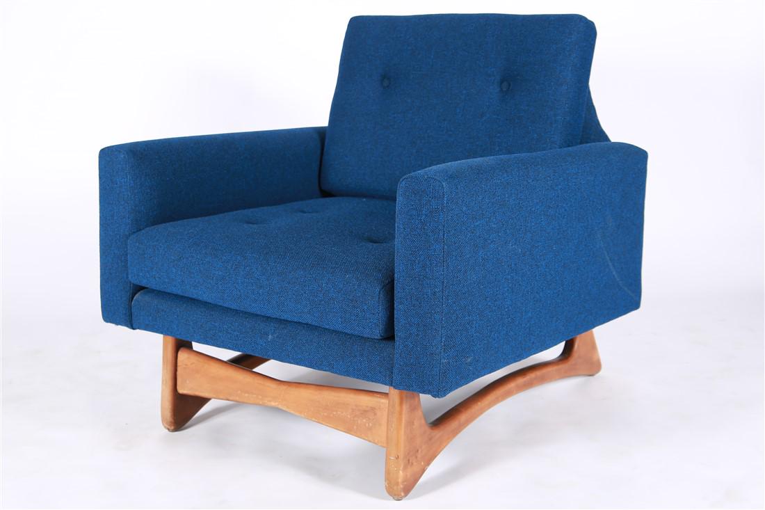 Attributed to Adrian Pearsall, Lounge Chair: Textured upholstery, walnut frame. Height: 28 1/2", Length: 31", Depth: 31 1/2". Attributed to Adrian Pearsall Craft Associates. Single cushion. Blue textured upholstery, walnut frame. No label.