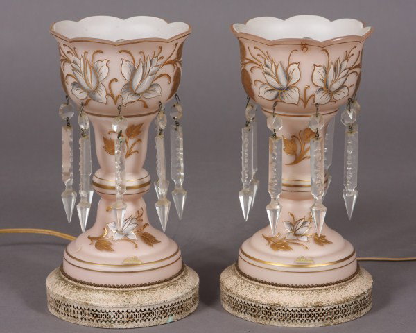Pair Opaline & Floral Decorated Luster Lamps, Ameri: American, 20th century, H 11 1/4".