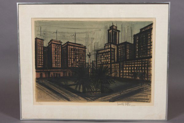 Bernard Buffet, (French, 1928-1999), City Scene, Ne: Color Lithograph. Pencil signed lower right, numbered "97/150" lower left. Dimensions: Image 20" x 27 1/2"; Frame 27 1/4" x 34 1/4".