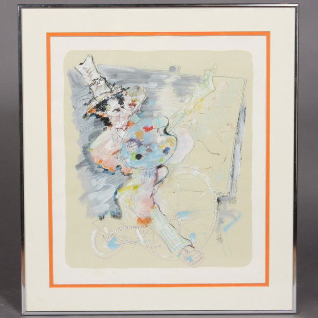 Michaan, (20th Century), Clown with Artist's Pallet: Lithograph hand colored with paint and colored pencil on paper. Signed lower left, dated "80." Image 14 1/2" x 12 1/2"; Frame 21" x 18 1/2".