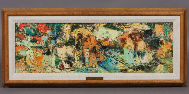 Jose Salazar Ruiz Esparza, 20th Century, Abstract : Oil on canvas, signed lower left. Dimensions: Image 7 3/4" x 23"; Frame 11 1/2" x 27". Condition: Appears fine.