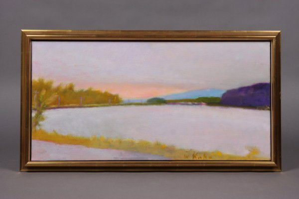 Wolf Kahn, (American, B. 1927) "Lagoon and Distant: "Lagoon and Distant Saw Mill" 1995, oil on canvas. Signed lower center right, titled on reverse. Dimensions: Image 14" x 28"; Frame 17" x 31". Condition: Appears fine. Provenance: Marianne Friedland G