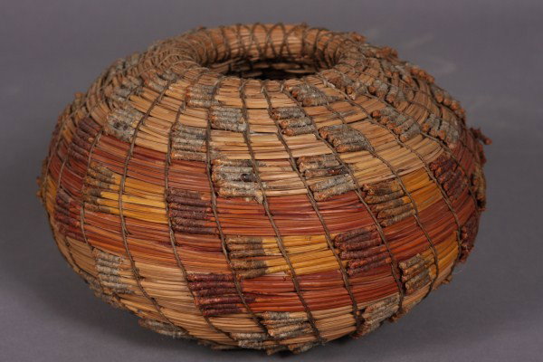 Woven Pine Needle Globular Basket, (American, Cont: Contemporary, dimensions: H 7"; D 9 1/2".