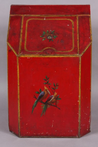 Victorian Red Painted Tole Coal Tin, English, Late: Late 19th/ early 20th century. H 24"; W 16"; D 14". Condition: The finish is scratched and chipped overall.
