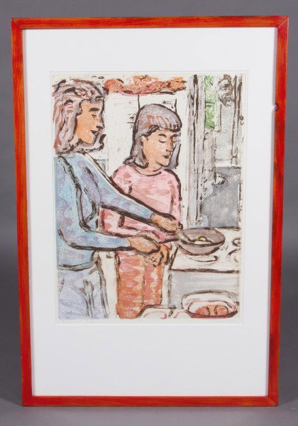 Ben Upton (American, 20th C.) "Frying an Egg" : Ben Upton (American 20th C.) "Frying an Egg" Woodcut. Signed lower right, numbered center "3/4", titled lower left. 23 3/4" x 16 7/8"Condition: Appears fine.