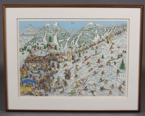 James Rizzi (American, b. 1950) "Ski Weekend": James Rizzi (American, born 1950) "Ski Weekend" Silkscreen & 3D Construction. Signed lower left. Titled center. Dated lower right "1986". Numbered "45/150". 18 5/8" x 26 1/2"Condition: Appears fine.
