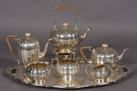 Durgin Gorham Sterling Silver Tea and Coffee: Durgin Gorham Sterling Silver Tea and Coffee Service. American, 20th Century. Lobed globular body with swag, shell and foliate decoration. Including Tea Pot, Coffee Pot, Tea Kettle on Burner Stand,