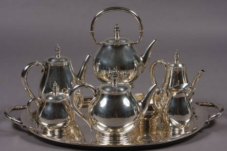 International Sterling "Royal Danish" Tea & Coffee: International Sterling Silver Tea and Coffee Service (Without Tray). American, 20th Century. In the "Royal Danish" pattern. Comprising Coffee Pot, Teapot, Hot Water Pot, Covered Sugar, Waste Bowl, Cre