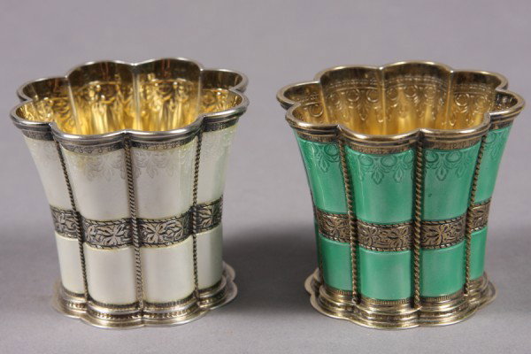 Two A. Michelsen Sterling Silver and Enameled Cups: Two A. Michelsen Sterling Silver and Enameled Cups. Danish, 20th Century. After the original "Margrethe" cup designed for the first Queen Margrethe of Denmark. H: 2 3/8". Condition: Appears fine.