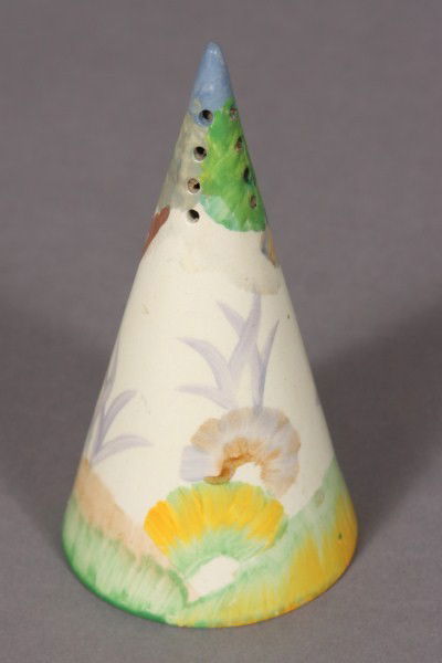 Clarice Cliff Bizarre Ware Conical Salt Shaker: English, 20th century. In the "Rhodanthe" pattern. H: 5 1/2"Condition: Appears fine.