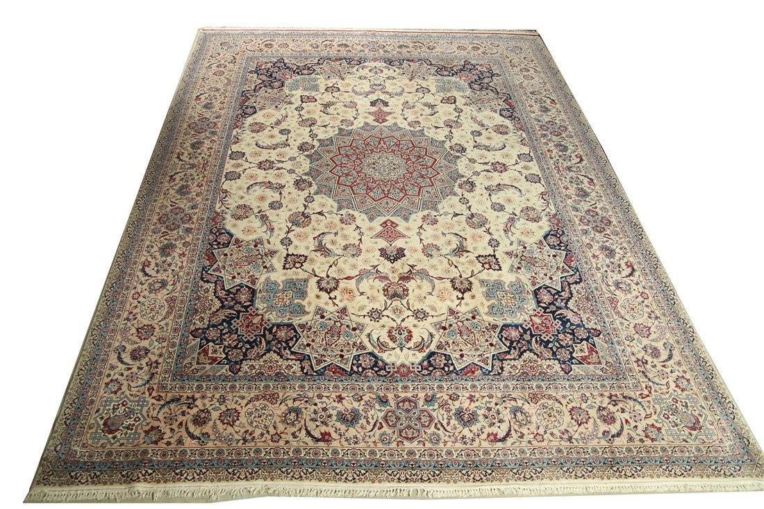 Persian Nain Rug: Wool. Iran, c. 1950s-60s. 9'5" x 13'8". Hand-woven Iranian Nain rug with approximately 576 knots per square inch. Chemical dye red. The rug has elements of a Mosque ceiling tile design of a geometric 