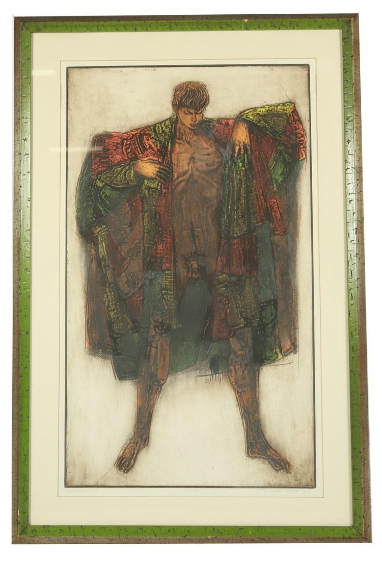 Dean Meeker (American), "Josephâ€™s Coat": Dean Meeker (American, 1920-2002). "Joseph's Coat". Hand-colored etching on paper. Sight: 34 1/4" x 21". Frame: 39" x 50". Hand-colored etching featuring a male figure outstretching his coat. Signed i