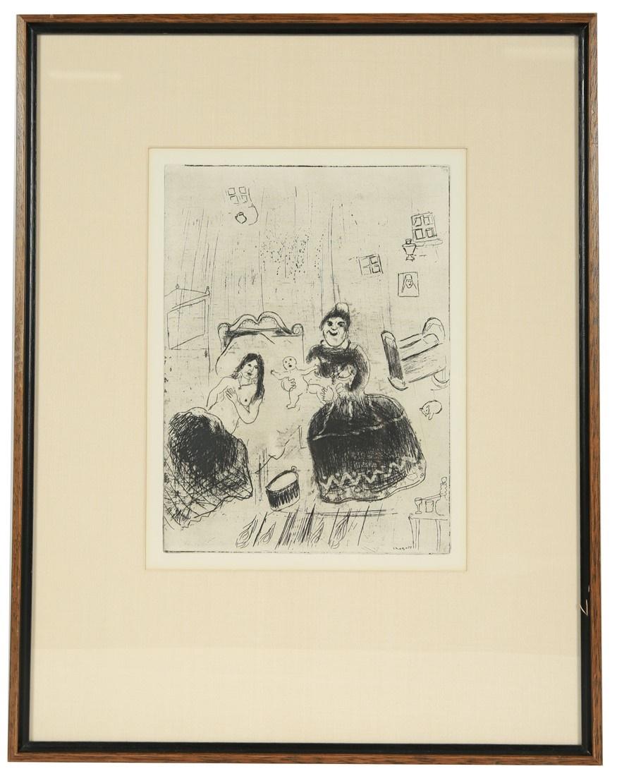 Marc Chagall, Women and Child Etching: Marc Chagall (Belarusian/French, 1887-1985) "La Naissance de Tchitchikov". Etching. Sight: 11 3/4" x 14 1/4". Frame: 20 3/4" x 16 1/4". From a collection of illustrations for Nikolai Gogol's "The Dead