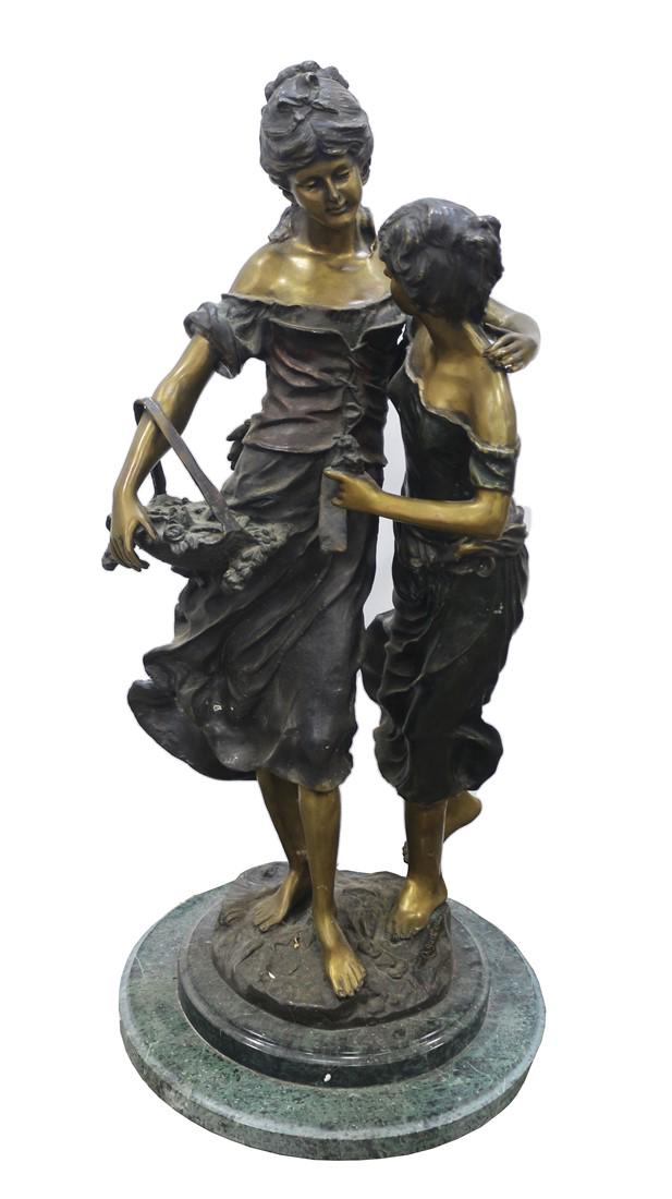After Auguste Moreau, "After the Harvest": After Auguste Moreau (French, 1855-1919). "After the Harvest". Bronze-finished metal on marble base. Height: 32 1/2", Diameter: 15 1/2". Two female figures, arm-in-arm, on a circular marble base. One