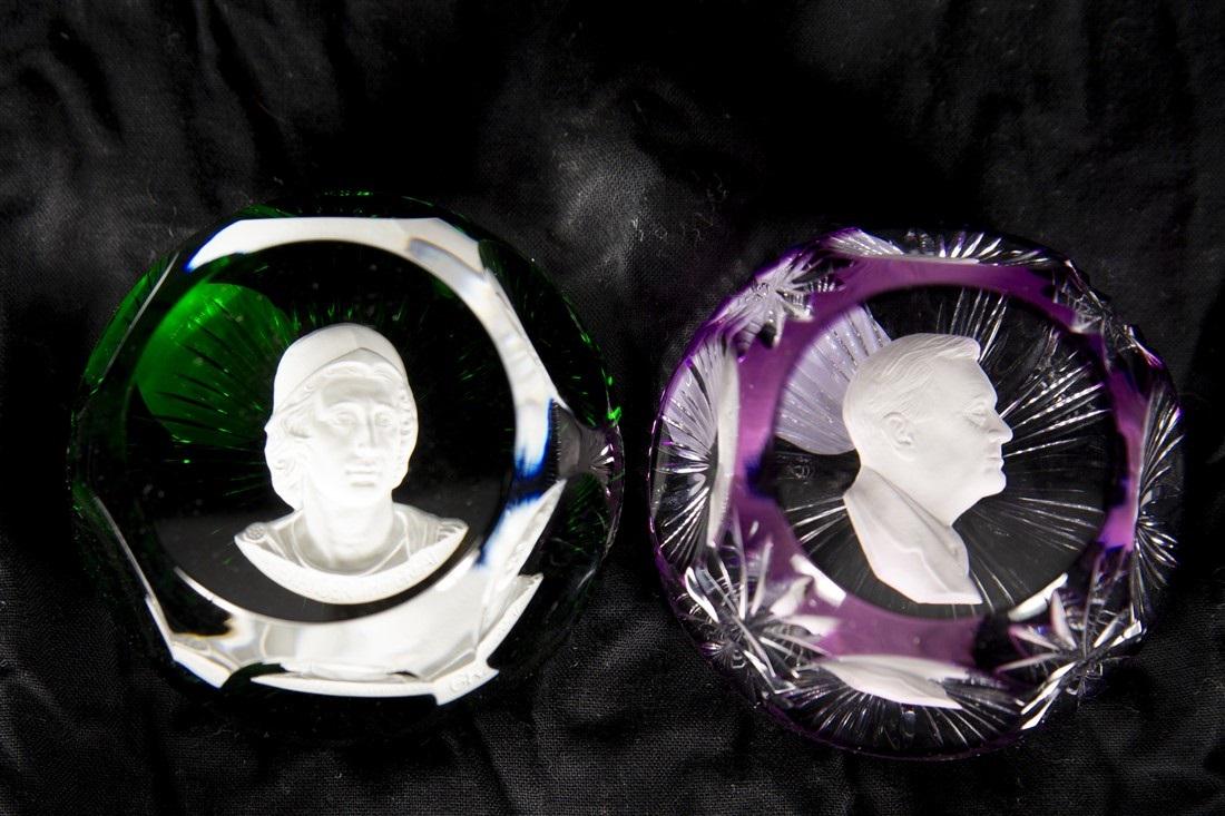 Baccarat, C.R. Albert, Two Color Paperweights: Baccarat and the Franklin Mint. "Alexander the Great". Green crystal paperweight, 1975. Height: 2", Diameter: 3". C.R. Albert. "Franklin D. Roosevelt". Purple crystal paperweight. Height: 2", Diameter