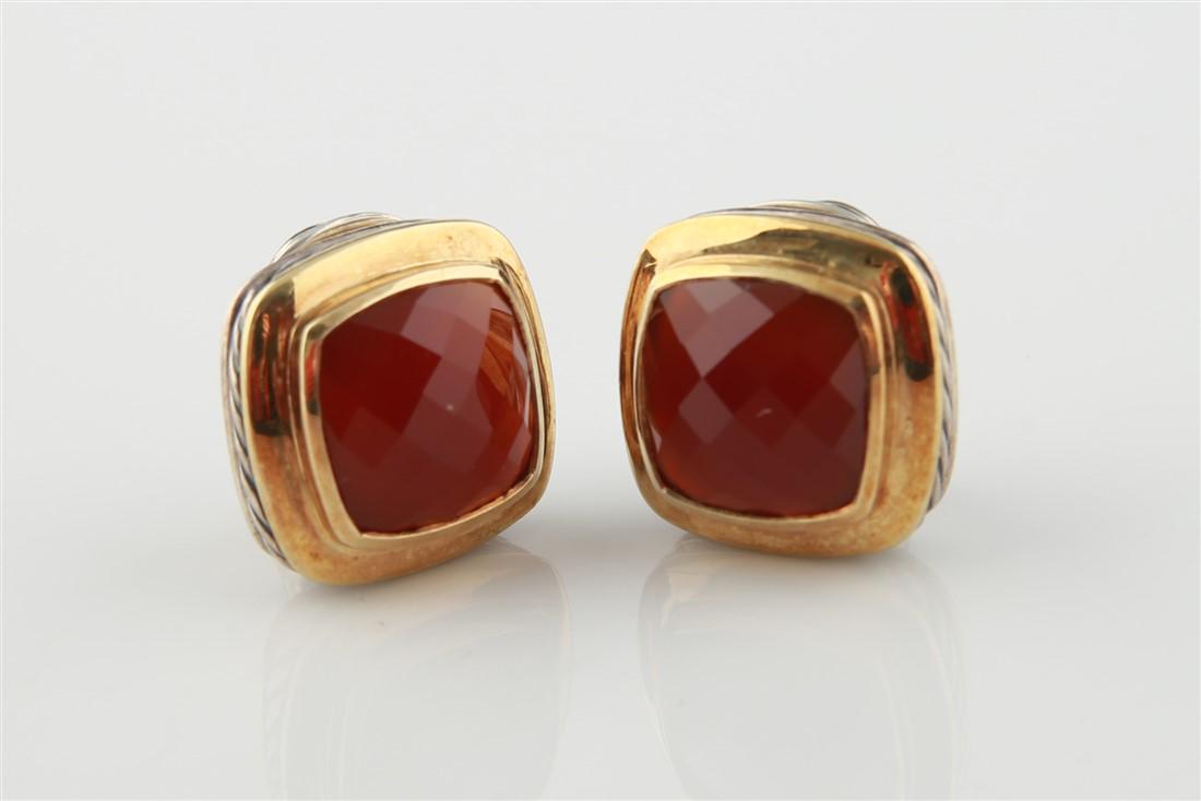 David Yurman, 18k, Sterling, Sardonyx Earrings: David Yurman, pair of sardonyx cushion shaped earrings made of sterling silver and 18k yellow gold. Earrings are stamped DY 925 750 and weigh 22g. The 2 cushion faceted sardonyx stones measure approx.