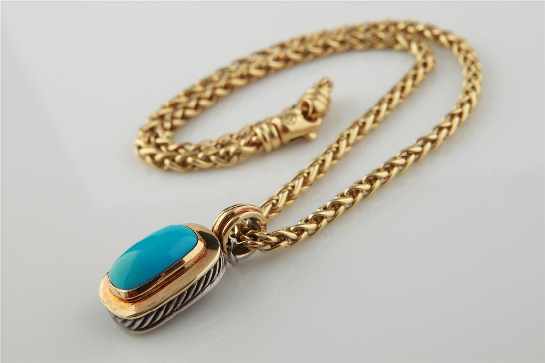 David Yurman, 18k Sterling Turquoise Necklace: David Yurman 18k yellow gold wheat chain with an 18k yellow gold and sterling silver pendant with turquoise stone. Chain measures 4mm thick, 18" long, and weighs 40g. Chain is marked with David Yurman