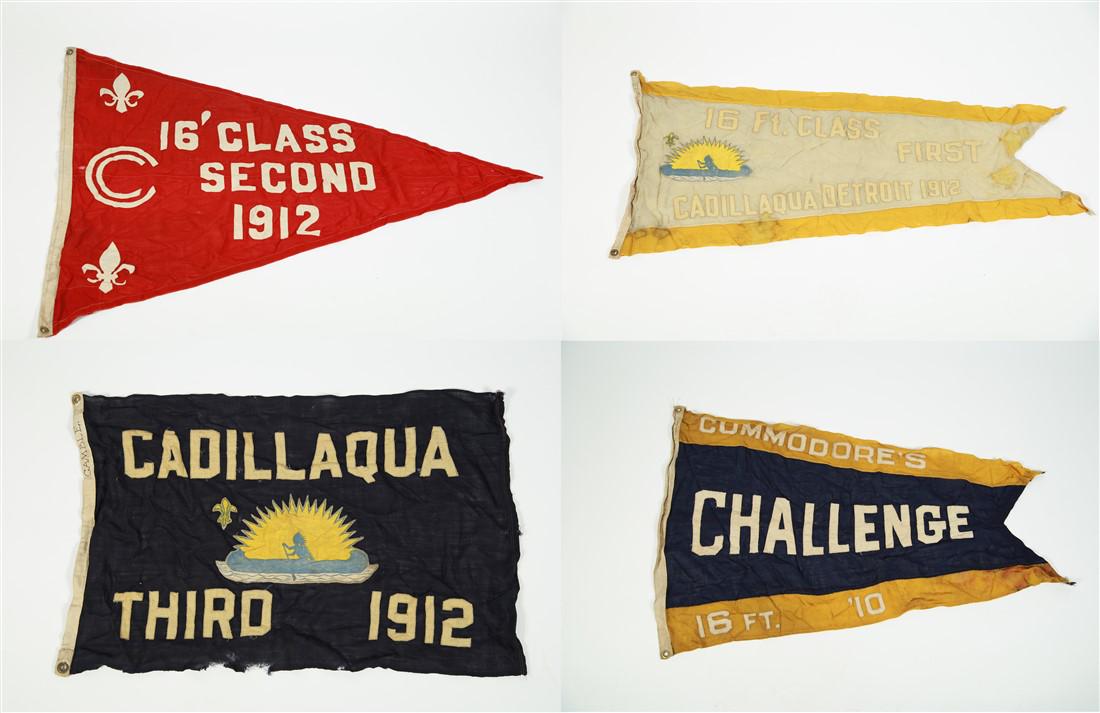 Collection of Four Vintage Detroit Boating Flags: Red 16' Class flag: 39 1/2" x 53". Commodore's Challenge flag: 29" x 44". Yellow Cadillaqua flag: 22" x 44". Blue Cadillaqua flag: 18 1/4" x 28". Collection of four vintage boating flags. Includes: a 