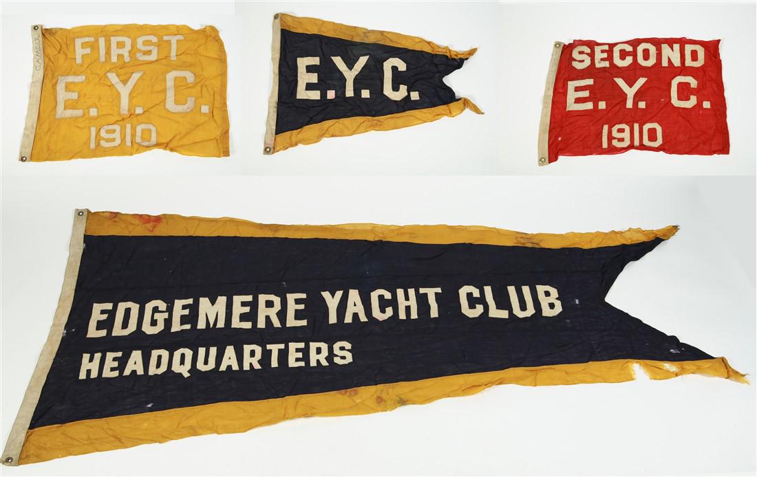 Collection of Four Edgemere Yacht Club Flags: HQ flag: 42" x 86". Red flag: 19" x 27". Yellow flag: 18 1/2" x 25 1/2". Triangle flag: 21" x 31". Collection of four flags from the Edgemere Yacht Club. Includes: large blue and yellow flag from the 