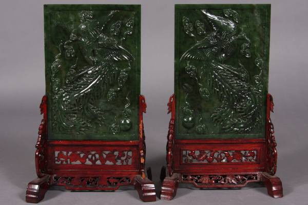 Pair Tablet Screens, Green Jade, Chinese, 20th C.: Pair tablet screens. Chinese 20th Century. Green carved jade, 9" x 7 1/4". Condition: Appears fine.
