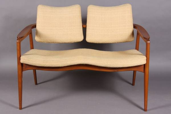 Mid-Century Two Seat Bench, Maple & Upholstered: Mid-Century two seat bench. Made by John Stuart. Danish, 20th Century. Maple and upholstered, L: 45". Condition: The finish is worn overall. The upholstered seat and back cushions are worn and discolo
