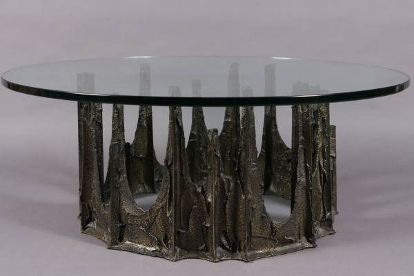 Paul Evans Cast Bronze & Glass Stalagmite Table: Paul Evans Stalagmite table. American, circa 1970. Cast bronze with glass top, H: 15 1/2", D: 42". Model number PE-128. Marked "PE 70". Condition: Appears fine.