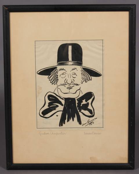 Enrico Caruso (Italian, 1873-1921), Two Sketches : Enrico Caruso (Italian 1873-1921). "Armando Agnini" and "Gustave Charpentier". Conte crayon on paper, 10 1/2" x 8" & 11" x 8 1/2". Two caricature sketches. Signed lower right and dated "1913". Referen