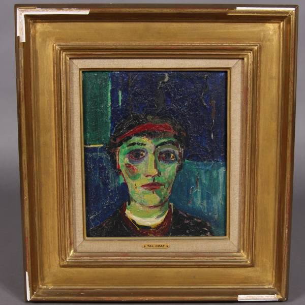 Pierre Tal-Coat (French, 1905-1985), Portrait: Pierre Tal-Coat (French, 1905-1885). "Portrait of a Woman". Oil on board, 9 1/4" x 8". Condition: Multiple places where the paint is cracked and there is paint loss.