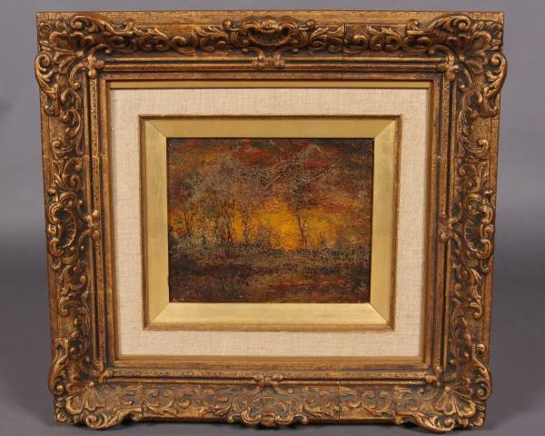 Unknown Artist (19th Century), Landscape: Unknown Artist (Continental or English, 19th Century). Landscape. Oil on canvas, 7" x 9". Signed illegibly lower left. Condition: Two repaired spots left side. Cracked on the front along the back stre