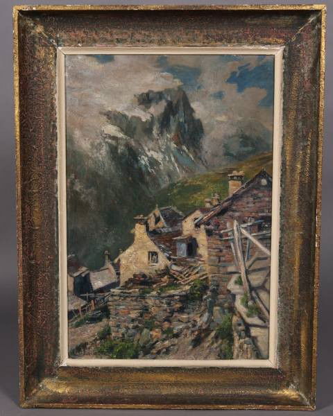 Possibly Charles Lacoste (1870-1959), "Village...": Possibly Charles Lacoste (1870-1959). "Village at the Foot of a Mountain". Oil on artist board, 19" x 13 1/2". Signed illegibly lower right. Condition: The artist board is slightly warped along lower