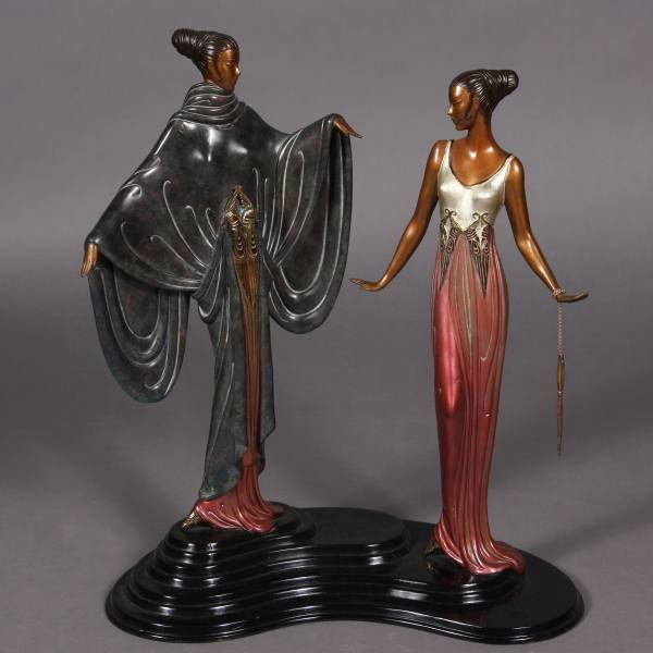 After Romain de Tirtoff Erte, Two Maidens, Bronze: After Romain de Tirtoff Erte (Russian, 1892- 1990). Two maidens. Patinated bronze, H: 17 1/4", W: 14 1/2". Signed. Condition: Appears fine.