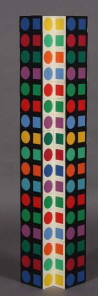 Victor Vasarely (1906-1997), "NBC 21": Victor Vasarely (Hungarian/ French 1906-1997). "NBC 21". Plastic collage on wood, H: 33 1/2", W: 4", D: 6". Signed at bottom. Titled and numbered "13/50" on a plaque on the bottom. Also signed on a lo