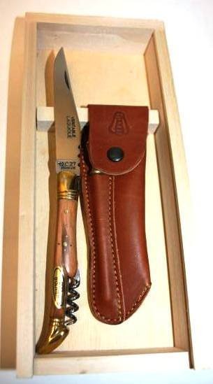 Knife in Fitted Box with Leather Case, New: Knife in Fitted Box with Leather Case, New. Made in France. With Corkscrew. Made in France. #944. Condition: Appears fine.