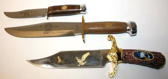 Three Knives, New. Two Wild West Bowie Knives and O: Three Knives, New. "Wild West" Bowie knives numbers 1 and 6, and a stainless steel knife with Bald Eagle on handle. #945. Condition: Appears fine.