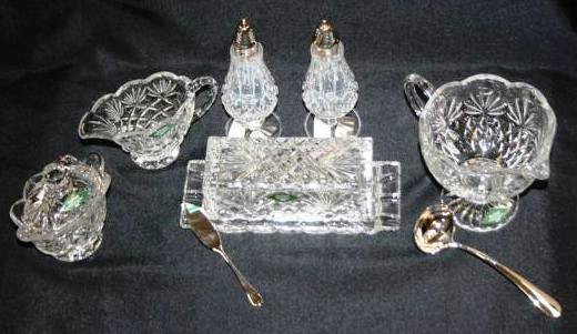 Godinger Shannon 24% Lead Crystal "Ten Piece Cryst: Godinger Shannon 24% Lead Crystal "Ten Piece Shannon Crystal Starter Set", New in Box. #800B. Includes gravy boat with silver plated ladle, sugar, creamer, covered butter dish with silver plated sprea