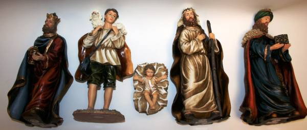 Three Wise Men, Baby Jesus, and Shepard Nativity F: Three Wise Men, Baby Jesus, and Shepard Nativity Figures, New in Box. Molded Plastic. #411B. Condition: Appears fine. One wise man is wobbly on his feet.