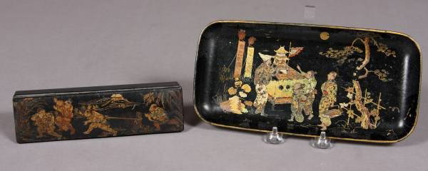 Lacquered and Gilt Decorated Pen Box and Tray: Lacquered and gilt decorated pen box and tray. Japanese, late 19th Century. Box L: 8", Tray L: 10". Condition: The gilt decoration is worn. General wear to the lacquer.