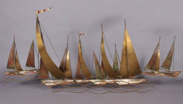 Mid-Century Metal Wall Sculpture of Sailing Ships: Mid-Century Metal Wall Sculpture of Sailing Ships, By Curtis Jere, Signed. L: 60", H: 28".