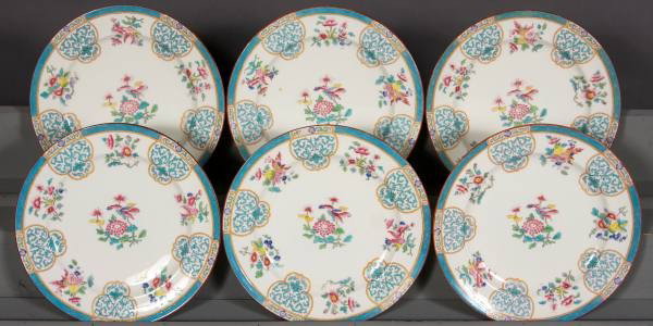 Set of Six Turquoise & Pink Floral Mintons Plates: Set of six Mintons China plates. English, early 20th Century. With turquoise and pink floral decoration. D: 10". Condition: One with a rim chip.