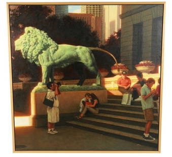 William Glen Crooks (American), "Closing Time": William Glen Crooks (American, b. 1952). "Closing Time". Oil on canvas, 2002. Sight: 53 3/4" x 53 3/4". Frame: 56" x 56". Features a golden hour scene of tourists on the stairs beside the lion sculptu