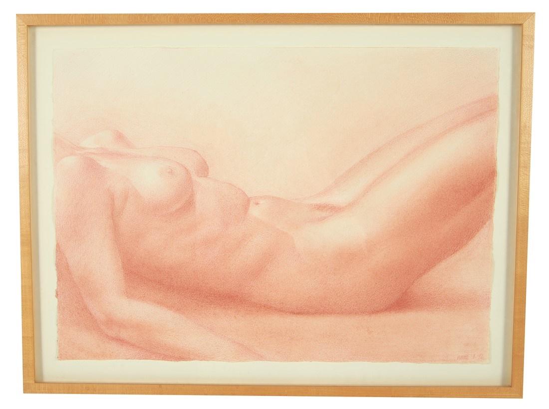 Martha Mayer Erlebacher, "Red Torso": Martha Mayer Erlebacher (American, 1937-2013). "Red Torso". Conte crayon and pastel on paper, 1992. Sight: 14 3/4" x 20 1/2". Frame: 18" x 24". Conte crayon and pastel on paper depicting a reclining f