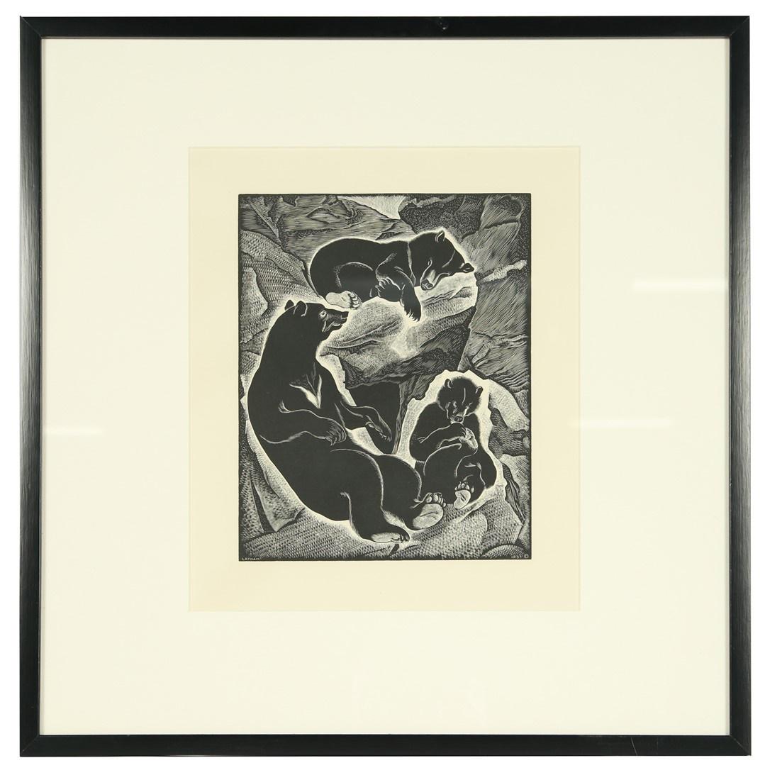 Barbara Latham (American), "Bear Family": Barbara Latham (American, 1896-1989). "Bear Family". Wood engraving, 1937. Sight: 12 1/2" x 10 1/2". Frame: 20 1/8" x 19 7/8". Wood engraving "Bear Family" depicting a family of bears by American arti