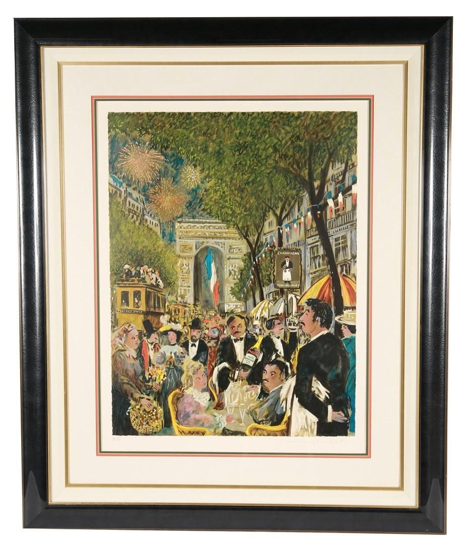 Guy Buffet, "Champs Elysees" Signed Litho: Guy Buffet (French, b. 1943). "Champs Elysees". Lithograph. Edition: AP 42/50. Sight: 32" x 24 1/2". Frame: 48" x 40". Signed lithograph by French artist Guy Buffet.
