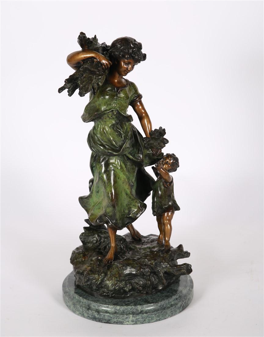 After Auguste Moreau, "Woman with Wood" Bronze: After Auguste Moreau (French, 1834-1917). "Woman with Wood". Bronze, marble base. Height: 19 1/2", Diameter: 9" approx. "Woman with Wood" bronze sculpture after French artist Auguste Moreau. Depicts a