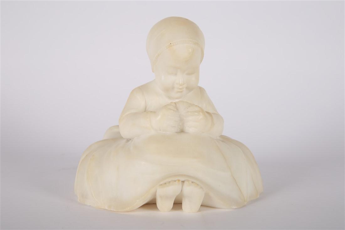 Alabaster Sculpture, Girl with Bread: Alabaster. Height: 6 3/4", Length: 7", Depth: 6". Round carved alabaster statue depicting a little girl in a wide skirt with a loaf of bread. No signature. Provenance: From the Estate of Mary Jane Dev